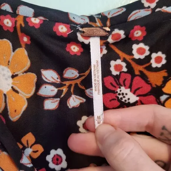 Free People Daisy Jane Long Sleeve Mini Dress Flowy Loose Fit Black Floral - Picture 7 of 13